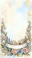 Watercolor floral frame with ribbon banner, pastel roses, lavender, and golden swirls on soft background for wedding or greeting card.