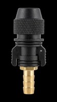 Black and brass quick connect coupling with textured grip collar, isolated on transparent background. Ready for design use in product mockups, technical illustrations, clipart, and print-on-demand applications.