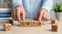 Healthcare professional arranging wooden blocks with medical and wellness symbols on desk, representing holistic patient care and treatment options.