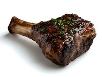 Grilled lamb chop with fresh herbs and seasoning on white background, juicy meat with caramelized crust and bone, isolated food photography for menu design.