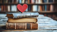 Stack of vintage books with red heart on wooden table against blurred bookshelf background, romantic literature and reading concept composition.