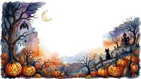 Halloween autumn landscape with carved pumpkins, bare trees, crescent moon and spooky cemetery creating festive seasonal border frame for holiday designs.