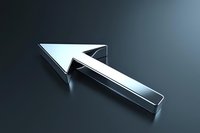 Metallic silver arrow cursor pointing upward on dark background, glossy chrome finish with dramatic lighting and reflection creates modern tech aesthetic.