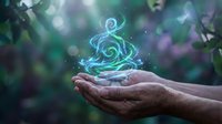 Hands holding glowing magical energy swirls with sparkles against blurred nature background for fantasy and spiritual concepts.