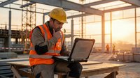 Construction worker using laptop computer at building site during sunset for project management and planning tasks.