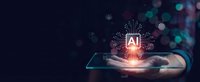 Businessman hand holding smartphone with glowing AI chip processor and circuit board patterns representing artificial intelligence technology innovation.