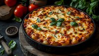 Homemade baked pasta casserole with melted cheese and fresh basil leaves in cast iron pan, served on rustic wooden board. Fresh tomatoes and spices.