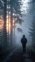 Lone hiker walking through misty forest path at sunrise with dramatic sunbeams filtering through tall pine trees creating atmospheric outdoor adventure scene.