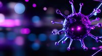 Microscopic virus cell in purple and blue neon colors on dark background with bokeh lights, scientific visualization for medical and healthcare concepts.