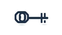 Simple geometric key silhouette in dark blue color with soft shadow isolated on white background, minimalist design element for security concepts.