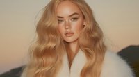 Caucasian woman with long wavy strawberry blonde hair wearing white fur coat, looking at camera with neutral expression during golden hour sunset lighting for beauty and fashion campaigns.