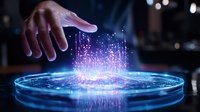 Hand reaching towards glowing digital particles rising from circular platform with blue light effects, futuristic technology concept for business presentations.