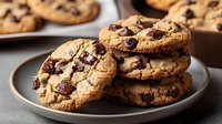 Freshly baked chocolate chip cookies stacked on gray ceramic plate, showing gooey melted chunks and golden brown edges, creating appetizing dessert composition.