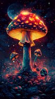 Glowing magical mushrooms in enchanted night forest with sparkling stars and mystical moon, featuring luminescent amanita muscaria against dark starry sky.