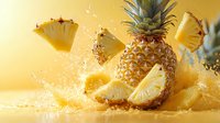 Fresh pineapple and flying slices with juice splashes and drops on yellow background, dynamic food composition for summer refreshment and cocktails.