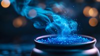 Magical glowing blue powder with sparkling particles and smoke rising from dark bowl against blurred bokeh background, creating mystical atmosphere.