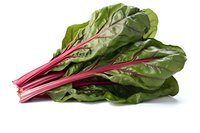 Fresh organic swiss chard with vibrant red stalks and dark green leaves isolated on white background, perfect for healthy cooking, food packaging and marketing materials.