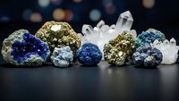 Collection of natural mineral specimens including pyrite, lapis lazuli, and clear quartz crystals arranged on dark surface for geology education.