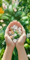 Cupped hands holding healing crystals and minerals with small plants against green nature background, pink flowers floating above. Spiritual wellness concept.