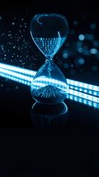 Digital hourglass with binary code sand flowing through glass bulbs on futuristic blue glowing surface with bokeh lights representing time and data flow.