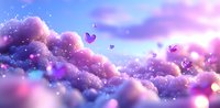 Dreamy pink and purple clouds with glowing butterflies floating in magical sky atmosphere, sparkling particles and bokeh effects create ethereal cloudscape background.