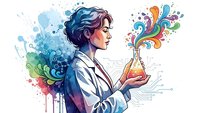 Young female scientist in lab coat holding beaker with colorful chemical reaction creating vibrant rainbow splash effects on white background.