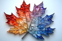 Colorful maple leaf with geometric crystal pattern transitioning from warm red and orange to cool blue tones, artistic nature design on light background.