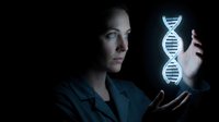 Female scientist examining glowing DNA double helix hologram in dark laboratory for genetic research and biotechnology innovation.