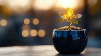 Young green sprout growing in black ceramic pot against blurred bokeh background with warm evening light and copy space for wellness concept.