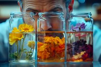 Colorful flowers submerged in glass jars filled with water creating artistic refraction effect, with yellow, orange and purple blooms against blurred background.