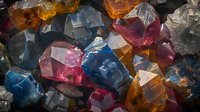 Colorful crystal mineral formation macro shot showing natural gemstones in pink, blue, amber and clear quartz with geometric shapes and light reflection patterns.
