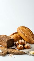 Artisan bread loaves and fresh baked rolls arranged on wooden board with sesame seeds and butter, isolated on white background for bakery and food design projects.