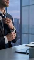 Professional businessman adjusting tie in modern office with city skyline view through windows during evening hours for corporate success concepts.