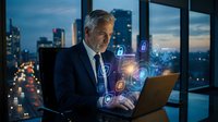 Mature businessman working on laptop with digital security icons in modern office at night overlooking city skyline during evening hours.