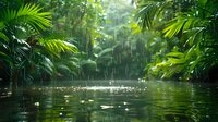 Tropical rainforest during heavy rain with palm leaves and water reflections creating serene atmosphere. Natural landscape in monsoon season with falling raindrops.