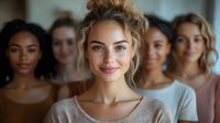 Diverse group of young women smiling at camera, focus on blonde woman in front with natural makeup and messy updo hairstyle wearing casual gray top.