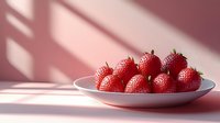 Fresh red strawberries arranged on a white plate against a soft pink background with natural window light casting geometric shadows, suitable for food photography and culinary design projects.