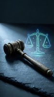 Wooden judge gavel with glowing holographic scales of justice on dark stone surface representing legal system and courtroom proceedings.