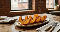 Roasted pumpkin slices with nuts and seeds on rustic wooden table in cozy kitchen interior with brick walls and natural window light for autumn cooking.