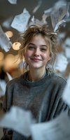 Young woman with light brown hair in casual updo, wearing gray sweater, surrounded by floating papers and warm bokeh lighting. Suitable for education, creativity, and lifestyle concepts.