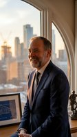 Middle-aged Caucasian male executive in navy suit and tie smiling by floor-to-ceiling window overlooking city skyline at golden hour. Corporate office setting.