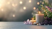 Tranquil spa composition with glowing candles, healing crystals and purple wildflowers on gray surface against soft bokeh lights background. Wellness concept.