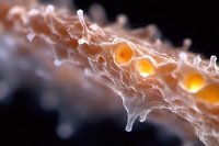 Microscopic view of neural network connections with glowing orange synapses on dark background, showing intricate biological structure and electrical impulses.
