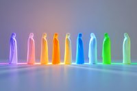Glowing colorful silhouettes arranged in row casting reflections on smooth surface, vibrant neon figures creating minimalist rainbow spectrum display.