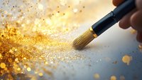 Makeup brush sweeping golden glitter powder creating magical sparkle effect against blue background, close-up shot with bokeh lights and shimmering particles.