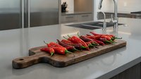 Fresh red chili peppers arranged on rustic wooden cutting board in modern kitchen. Spicy cooking ingredients for culinary preparation and healthy recipes.