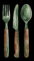 Watercolor dining utensils set with green patina metal heads and rustic brown wooden handles, isolated on transparent background. Ready for t-shirt designs, clipart, stickers, and print-on-demand products.
