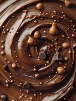 Swirling melted chocolate background with hazelnuts and chocolate chips creating spiral pattern, rich brown texture with glossy surface for dessert packaging.
