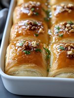 Freshly baked honey butter rolls topped with chopped nuts and herbs in white ceramic baking dish. Golden brown glazed surface shows delicate layered texture.