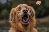 Excited golden retriever dog catching treat in mid-air with open mouth and focused expression outdoors in natural park setting for pet training content.